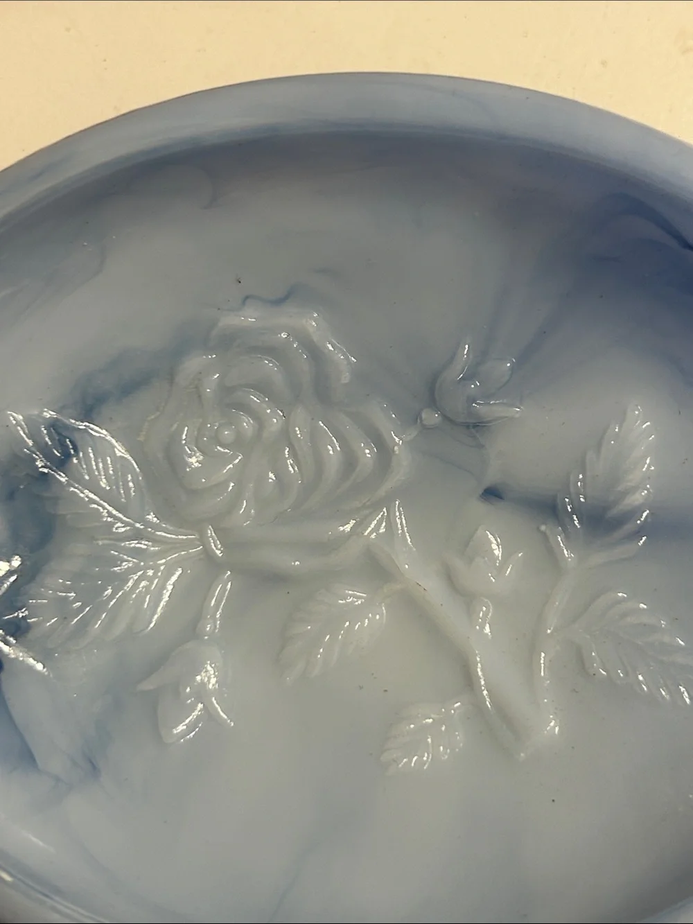 Vintage Avon Light Blue and White Marbled Glass Rose soap dish